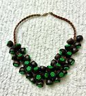 vintage Miriam Haskell leather wood & green celluloid flower cluster necklace