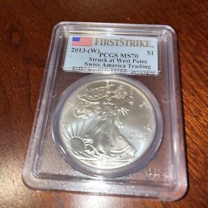 New Listing2013 (W) SILVER EAGLE PCGS MS70 FLAG FIRST STRIKE STRUCK AT WEST POINT LABEL