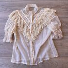 Vintage Jessica’s Gunnies Blouse Size 11 Ivory Victorian Lace Button Top Sax 70s