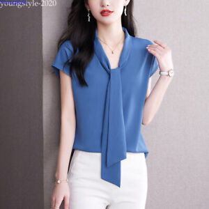 Elegant Korean Women Bow Tie Chiffon Casual Workwear Business Tops Blouse Shirts