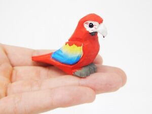 Scarlet Macaw Bird Sculpture Miniature Wood Art Garden Statue Decor Red Parrot
