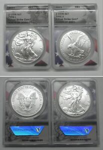 New Listing2021 2 Coin Silver Eagle Set, Type 1 & 2, ANACS MS70, First Strike, #5849, #4728