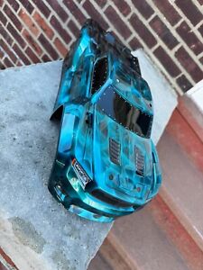 CUSTOM PAINTED RC BODY, TRAXXAS SLEDGE BLUE CHROME FLAMES, AIRBRUSHED