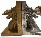 Dragon Head Bookends Set Mythical Mystical Fantasy Medieval Library Silver Gold