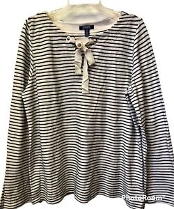 NWT Ralph Lauren Chaps Women XL Black White Stripe Flare Split Sleeve Top Shirt