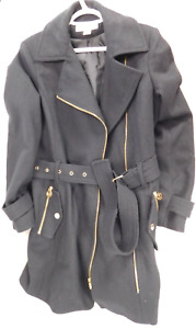 Michael Michael Kors Woman's Trench Coat Black Wool Blend Zip Coat Size 12