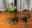 Tiffany Style Lamp  Light Tulip Fluted Green & Orange Glass W/ Brass Dragonfly