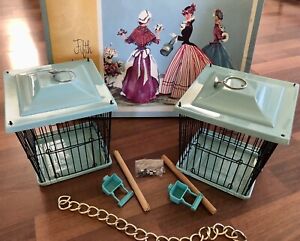2 VINTAGE decorative bird Cages NOS Teal blue 7x6 Join With Chain 1950/60