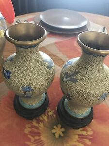Cheng Pair Of Vase~ Vintage Cloisonne - Pedestals ~blue White