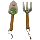 Lot of 2 Hand Painted Metal & Wooden Garden Tools Trowel & Fork For Wall Hanging