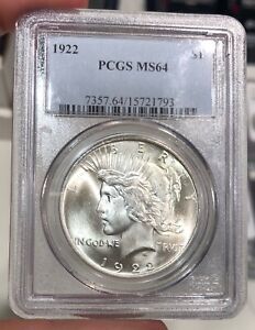 1922 Peace Dollar graded MS64 by PCGS Mostly White Nice Coin Flashy PQ+