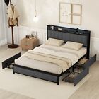 Bed Frame with LED Headboard, Upholstered Bed with 4 Storage Drawers+USB SALE US