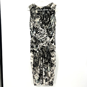 Escada Gray Black Blue Floral Print Ruched Sleeveless Dress Womens 38 US Medium