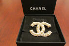 CHANEL Authentic Crystal & Pearl CC Logo Brooch Pin Silver Tone with Box