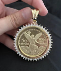 50 Pesos Moneda Mexican Coin Pendant Lab-Created Diamond 14K Yellow Gold Plated