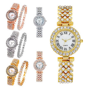 2pcs Luxury Women Watch Set Rhinestone Strap Ladies Quartz Wristwatch Bracelet
