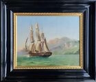 Antique oil painting. C. Bille:”Sailing by a mountainous coast”