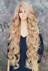 Light Blonde Ombre Extra Long Curly Heat OK Lace Front Human Hair Blend Wig EVEZ