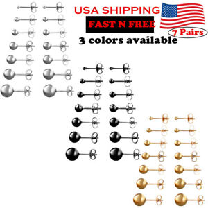 7 Pairs Set Assorted Size Stainless Steel Round Ball Stud Earrings for Men Women