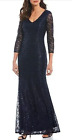 Marina Womens Lace Sequins V Neck Maxi Formal Dress Navy Blue Lined Size 14