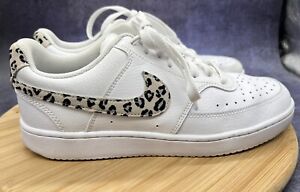 Nike Court Vision Low Shoes Womens Size 9.5 Leopard Swoosh Sneakers White 2021
