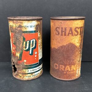 Lot of 2 Vintage Flat Top Steel Soda Cans Shasta Orange 7 Up 7Up Decor 12oz Rust