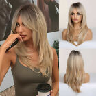US Natural Long Ombré Light Brown Blonde Hair Wigs with Bangs for Women DailyUse