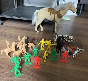 Cowboys and Indians Plastic Toy Figures. Flocked Horse And Farm Animals