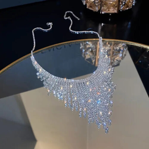 Tassel Shiny Inlaid Rhinestone Statement Necklace Luxury Bib Party Jewelry Light