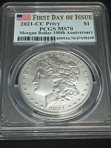 2021 CC 1$ .999 Fine Silver Morgan Dollar 100th Ann First Day of Issue PCGS MS70
