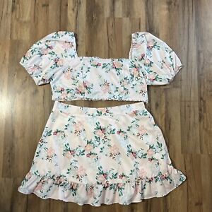 SHEIN Skirt Top Outfit Plus Size 2XL Pink Floral Polyester Crop Top Mini Skirt