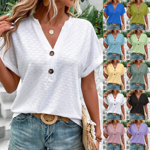 Women's Solid V Neck T-Shirt Summer Short Sleeve Casual Loose Tunic Tops Blouse