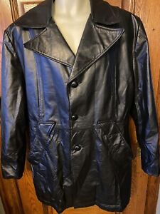 Vintage 70's De Long Black Leather, Warm Zip-Out Lining COAT, Unisex Size 46