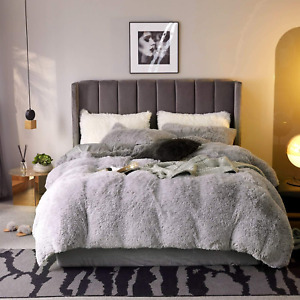 3Pc Fluffy Plush Shaggy Duvet Cover Queen Faux Fur Fluffy Comforter Bed Sets Ult
