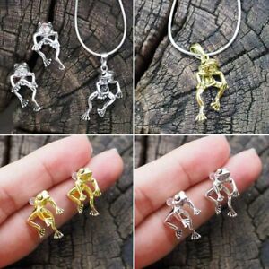 Retro Silver Plated Frog Animal Earrings Stud Pendant Necklace Jewelry Set Gift