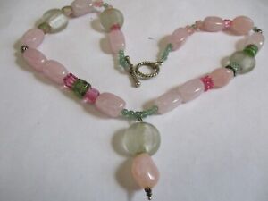 Vintage Pink Rose QUARTZ Gemstone Green Art GLASS Beaded Pendant  Necklace