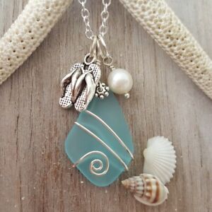 Hawaiian Jewelry Sea Glass Necklace, Wire Turquoise Necklace Blue Necklace,