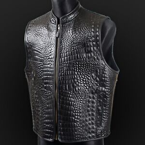 New Men's Alligator Embossed Motorcycle Style Biker Real 3mm Thick Leather Vest