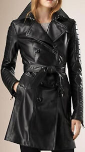 New Womens Black Genuine Leather Trench Coat