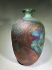 Raku Ash Fired Colorful Vase Signed By Artist