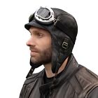 Leather Aviator Hat Pilot Helmet Cap Black Goggles Steampunk For Men and Women
