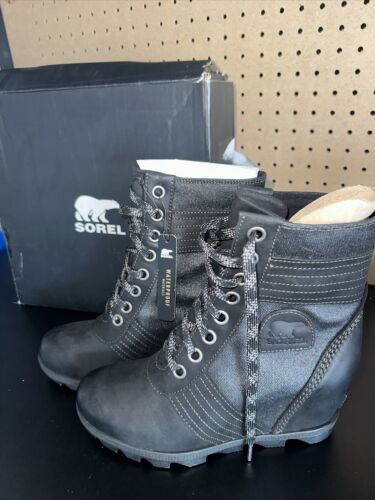 Sorel Lexie Black Leather/Fabric Wedge Boots Waterproof Women's Size 9