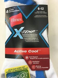 1 pack Hanes 4 Pair X-TEMP MENS ANKLE SOCKS White blue and red stripe SIZE 6-12