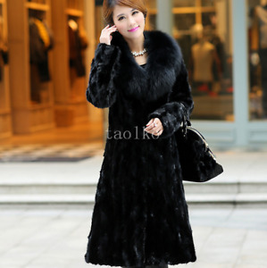 Long Trench Coat Faux Mink Fur Parka Lapel Collar Winter Overcoat Jackets Womens