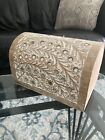 Floral Hand Carved Jewelry Trinket Storage Wooden Hinged Box White Silver Accent