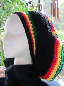 Handmade Crocheted Reggae Dreadlocks Tam Beret Slouchy RASTA Colors on Black Hat