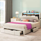 LED Bed Frame Queen Size Platform Bed w/Storage Upholstered Headboard &4 Drawers