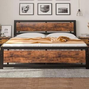 Twin/Full/Queen/King Size Bed Frame with Wooden Headboard Heavy Metal Platform