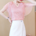 Womens Korean Chiffon V-Neck Sequin Beads Bow Summer Party T-Shirt Tops Blouse