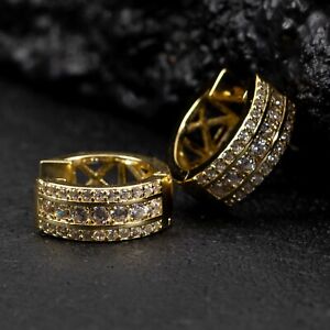 Iced Cz Pointer Yellow Gold Plated 925 Sterling Silver Men's Hoop Earrings